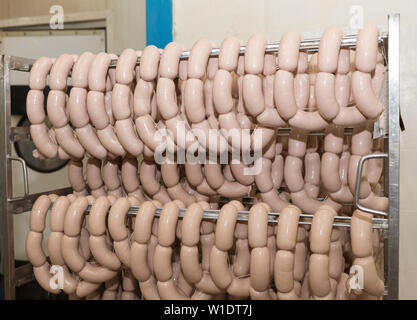 Salumi crudi in rack in stanza di deposito alla trasformazione della carne factory Foto Stock