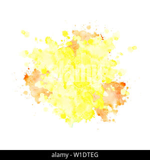 Acquerello macchia di colore giallo pallido con spruzzi di arancione e divorzi. Blot isolato su sfondo bianco. Giallo limone stain disegnati a mano. Foto Stock