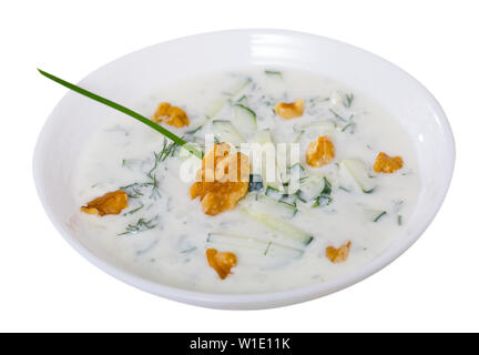 Sud-est cucina europea. Tradizionale zuppa refrigerate Tarator con yogurt fresco cetriolo, aneto e noci. Isolato su sfondo bianco Foto Stock