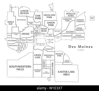 Città moderna mappa - Des Moines nello Iowa City degli Stati Uniti con i quartieri e i titoli mappa di contorno Illustrazione Vettoriale