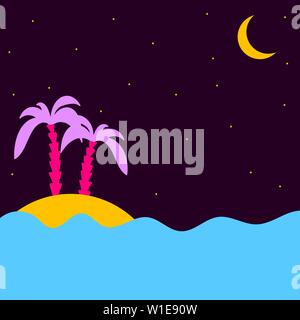 Estate notte tropicale. Isola con palme in mare sotto un cielo stellato e la luna (crescent). In stile appartamento. Colori luminosi in stile del 80s Illustrazione Vettoriale