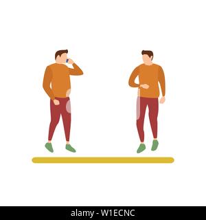 Design piatto personaggio di un ragazzo di chiamata e un ragazzo in una fretta cercando il suo orologio, attività umane Fermata Bus Illustrazione Vettoriale
