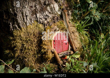 Un simpatico red glitter fata porta integrato nel piede del tronco di un albero nel bosco Foto Stock