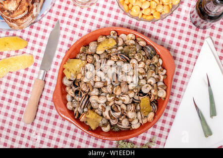 Portoghese tradizionale piatto di lumache cotte e pane tostato e birra. Foto Stock