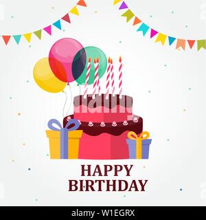 Buon compleanno festa della scheda Sfondo con torta, palloncini e confezione regalo e bandiere. Illustrazione Vettoriale Illustrazione Vettoriale