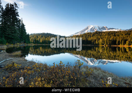 La riflessione sul lago, il Parco Nazionale del Monte Rainier, nello Stato di Washington, Stati Uniti d'America, America del Nord Foto Stock