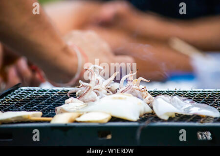 Calamari freschi e funghi sulla griglia in acciaio. Foto Stock