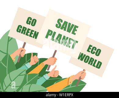 Gruppo di persone a mani tenere premuto segno di protesta salvare il pianeta eco mondiale go green flat illustrazione vettoriale banner orizzontale. Illustrazione Vettoriale