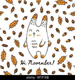 Carino autunno disegnare a mano coniglio su Seamless Pattern del Acorn foglie e coni. Sfondo vettoriale lepre nella foresta con la scritta Hi novembre per il confezionamento la stampa tessile sfondo. Illustrazione Vettoriale