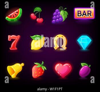 Slot colorate icon set per casino slot machine, giochi d'azzardo Illustrazione Vettoriale