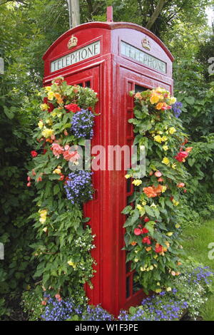 Piantatrice di scatole telefoniche. Un defunto telefono a bordo strada trasformato in un giardino verticale piantato con begonia e lobelia in un villaggio inglese. REGNO UNITO Foto Stock