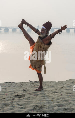 Roma Baba Sadhu a praticare yoga all'alba sul Gange riverbank, per il solo uso editoriale, di Allahabad Kumbh Mela, più grande del mondo religioso, raccolta Utt Foto Stock