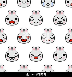 Modello senza cuciture con cute kawaii gli Emoji conigli. vettore illustrazione cartoon Illustrazione Vettoriale