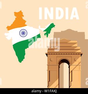 Indian independence day poster con mappa bandiera e vettore di gate illustration design Illustrazione Vettoriale