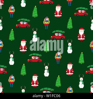 Natale seamless pattern con alberi di Natale, Babbo Natale e pupazzi di neve. Anno nuovo pattern. Illustrazione Vettoriale