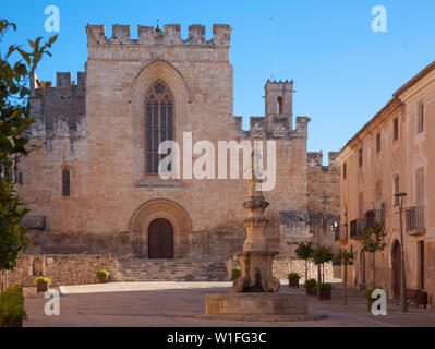 Veduta della chiesa Facciata principale con il gotico vetrata nel cortile medievale di Santes Creus Monastero, Aiguamurcia, Spagna Foto Stock