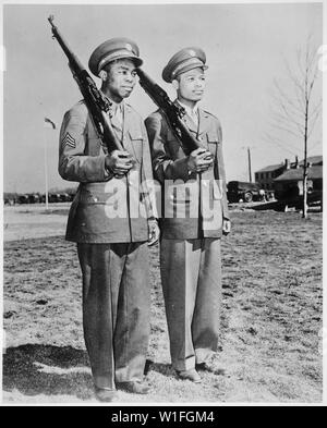 Jackie Wilson (sinistra) e Ray Robinson hanno combattuto due duramente contestata incontra ad anello. Ora si tratta di Sgt. Wilson e Pvt. Robinson nello stesso squadrone di aviazione a Mitchel Campo, New York, e resistono a spalla a spalla---pronto per una lotta per la morte di asse., 1943 Foto Stock