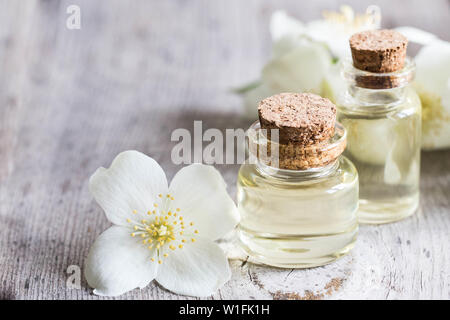 Essenziale gelsomino olio. Olio per massaggi con fiori di gelsomino su uno sfondo di legno. Foto Stock