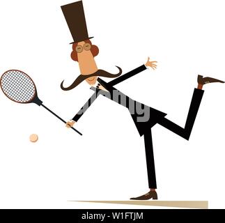 Gentiluomo gioca tennis illustrazione isolato. I baffi uomo nella top hat gioca tennis isolato su bianco Illustrazione Vettoriale