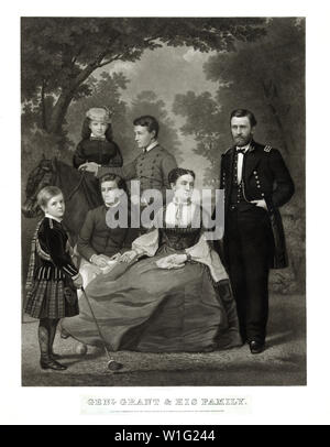 Sovvenzione generale e la sua famiglia, piena lunghezza Ritratto di Ulysses S. Grant in piedi accanto a sua moglie e i loro quattro figli, dipinta da vita da William Cogswell, incisione da John Sartain, 1868 Foto Stock