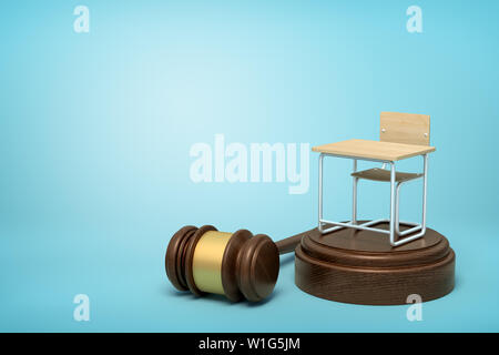 3D rendering della piccola sede singola scrivania in piedi sul marrone blocco audio con martello che giace accanto al blocco sulla luce-sfondo blu con copia spazio. Foto Stock