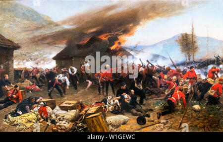 Rorkes Drift, Sud Africa. Pittura dal titolo "La difesa di Rorke's Drift 1879" da Alphonse de Neuville (1835-1885), olio su tela, 1879-80. La tela mostra la famosa battaglia della Guerra Anglo-Zulu del tardo XIX secolo. Foto Stock