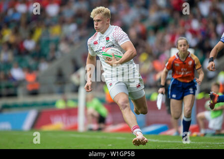 Londra, Regno Unito. 26 Maggio, 2019. Il penultimo torneo del mondo HSBC Rugby Sevens sulla Serie 25 e 26 maggio 2019 a Londra (GB). Ben Harris (Inghilterra, 12). Credito: Jürgen Kessler/dpa/Alamy Live News Foto Stock