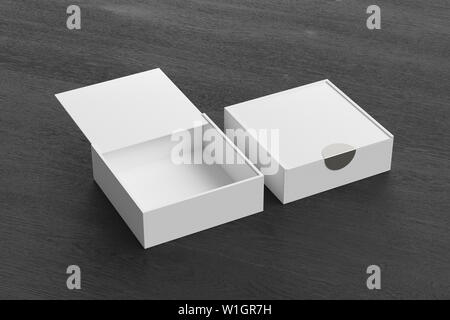 Due quadrato bianco di scatole con coperchio scorrevole sul nero lo sfondo di legno. Vuoto aperto e chiuso box. 3d illustrazione Foto Stock