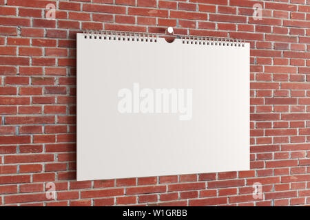 Vuoto calendario orizzontale mock up sul muro di mattoni. 3d illustrazione Foto Stock