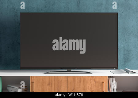 TV mock up sul mobile in soggiorno moderno con parete di ciano sfondo. 3d illustrazione Foto Stock