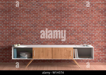 Armadio in salotto interno e rosso bianco muro di mattoni. 3d illustrazione Foto Stock