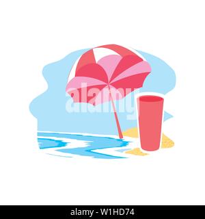 Ombrellone aperto con succo di frutta in spiaggia illustrazione vettoriale design Illustrazione Vettoriale