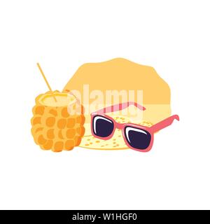 Cocktail di ananas in spiaggia con occhiali da sole illustrazione vettoriale design Illustrazione Vettoriale
