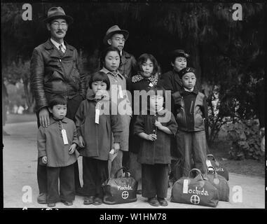 Fotografia di membri della famiglia Mochida in attesa di evacuazione, campo di applicazione e il contenuto: didascalia originale: Hayward, California. Membri della famiglia Mochida in attesa di evacuazione bus. Le etichette di identificazione vengono utilizzati per aiutare a mantenere l'unità della famiglia intatta durante tutte le fasi di evacuazione. Mochida azionato un vivaio e cinque serre su due acri di terreno in Eden Township. Egli ha sollevato bocche di leone e piselli dolci. Agli sfollati di ascendenza giapponese sarà alloggiato in War Relocation Authority centri per la durata. Foto Stock