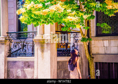 Ragazza sotto un albero a guardare fiori Foto Stock