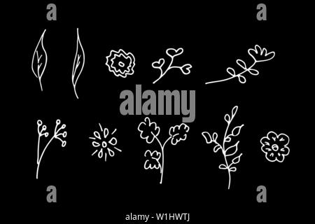 Profilo astratto set di dieci fiori selvaggi isolati su sfondo nero. Disegnata a mano illustrazione vettoriale. La raccolta di fiori di campo. Doodle stile. Illustrazione Vettoriale