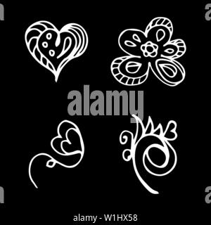 Fiori e cuori disegnati a mano Collezione doodle isolati su sfondo nero. 4 floreali elementi grafici. Vettore di grandi set. Raccolta di contorno. Illustrazione Vettoriale