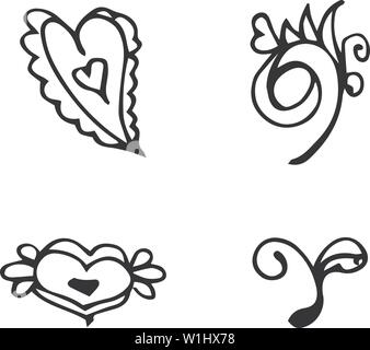 Fiori e cuori disegnati a mano Collezione doodle isolati su sfondo bianco. 4 floreali elementi grafici. Vettore di grandi set. Raccolta di contorno. Illustrazione Vettoriale