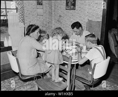 Richard Hughes, minatore e la sua famiglia a mangiare. Questa famiglia vive in una stanza quattro casa per il quale essi pagare 9 dollari mensili. Le spese per elettricità, pagato direttamente alla società elettrica, sono circa 2,50 dollari mensili. Panther Red le ceneri del carbone Corporation, Douglas miniera, Panther, McDowell County, West Virginia. Foto Stock