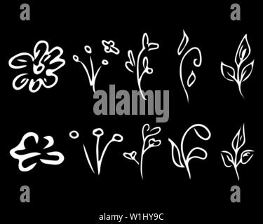 Fiori e rami isolati su sfondo bianco. Disegnata a mano doodle collection. 10 floreali elementi grafici. Vettore di grandi set. Delineare le icone. Illustrazione Vettoriale