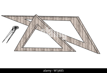 La geometria e la scienza concetto illustrazione con i righelli triangolare e una bussola su sfondo bianco Foto Stock