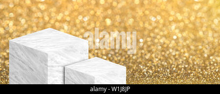 Display del prodotto supporto costituito dal bianco marmo lucido in due step su oro bokeh sparkle sfondo copia hanno spazio per la visualizzazione di contenuti o design,Bann Foto Stock