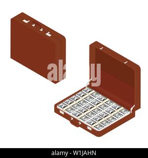 Aperto e Chiuso valigetta marrone con milioni di dollari vista isometrica Illustrazione Vettoriale