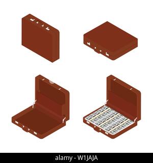 Valigetta marrone, diplomatico con milioni di dollari vista isometrica. Aperto e Chiuso vuota valigetta marrone, dimplomat Illustrazione Vettoriale