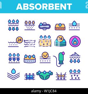 Assorbenti, materiali di assorbimento del vettore di linea di colore set di icone Illustrazione Vettoriale