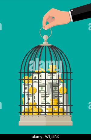 Bird gabbia piena di oro delle monete e delle banconote. Illustrazione Vettoriale