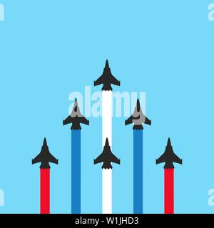Jet militari con percorsi colorati su sfondo blu. Piano mostra illustrazione Illustrazione Vettoriale