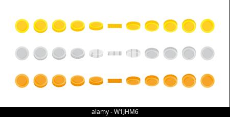 Set di moneta sprite illustrazione per fotogrammi di animazione. Utilizzare nello sviluppo di videogiochi, giochi mobile o motion graphic. Oro, argento, bronzo denaro Illustrazione Vettoriale