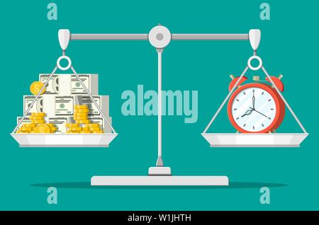 Orologio e denaro sulle bilance di precisione Illustrazione Vettoriale