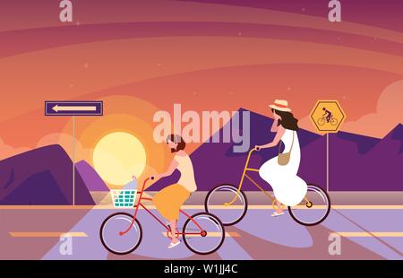 Donne Equitazione bicicletta in sunrise paesaggio con segnaletica per il ciclista illustrazione vettoriale design Illustrazione Vettoriale